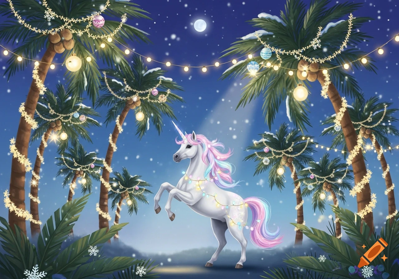 Illustrated white unicorn with rainbow mane, adorned with Christmas lights, rears among snowy palm trees at night.