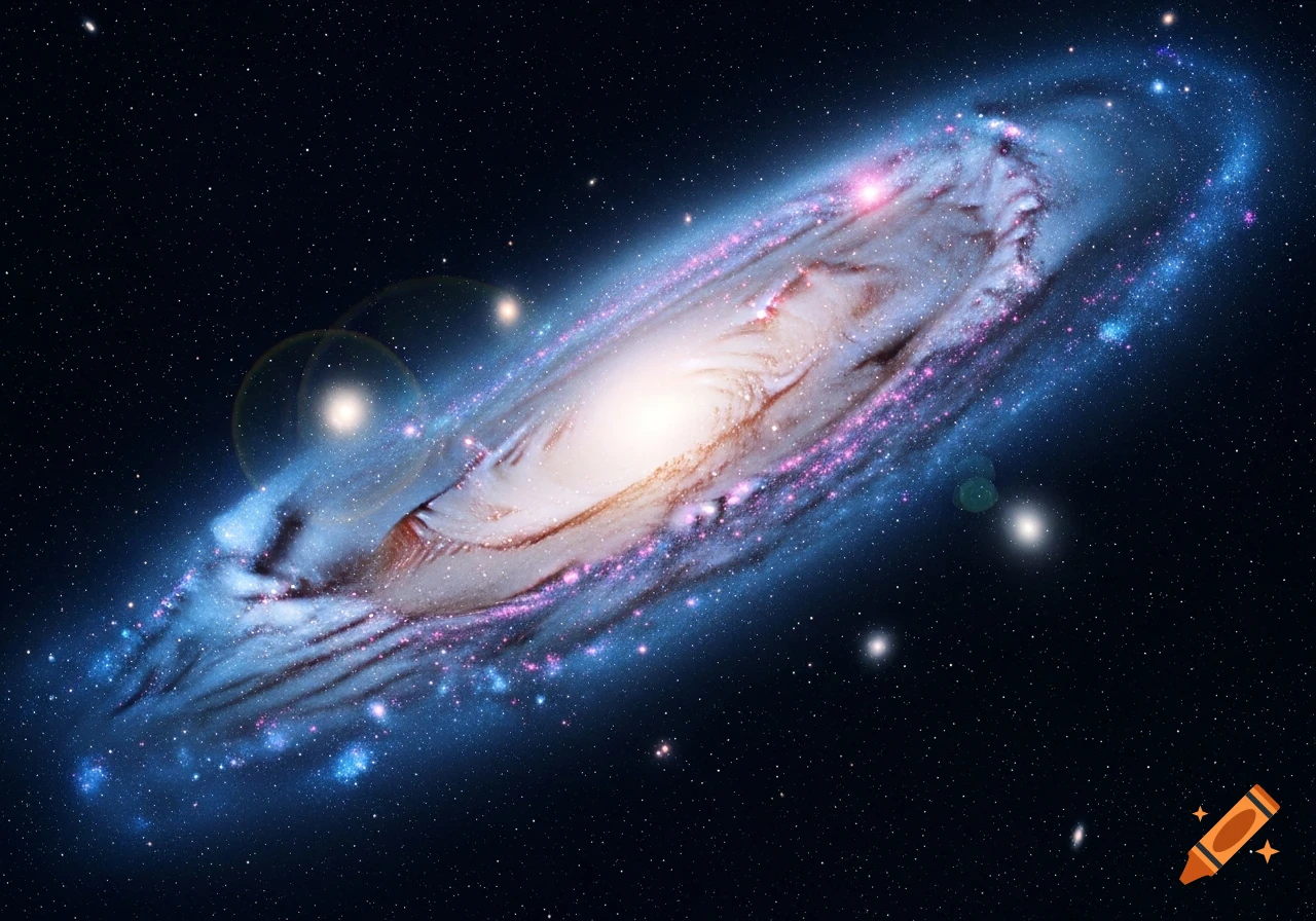 A vibrant spiral galaxy with blue and pink light, stars, and cosmic dust against a dark background of space.