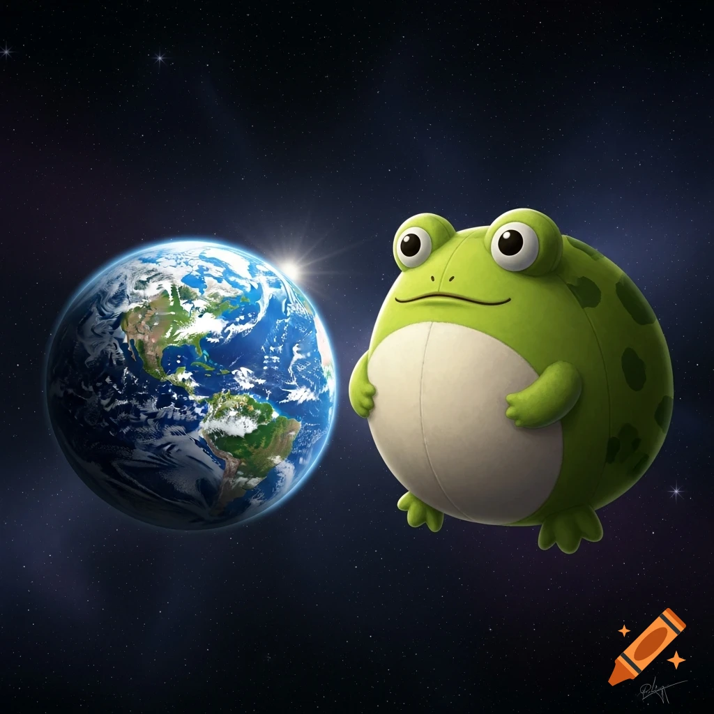 A large, round, green frog plush floats next to Planet Earth in deep space, rendered in a bright cartoon style.