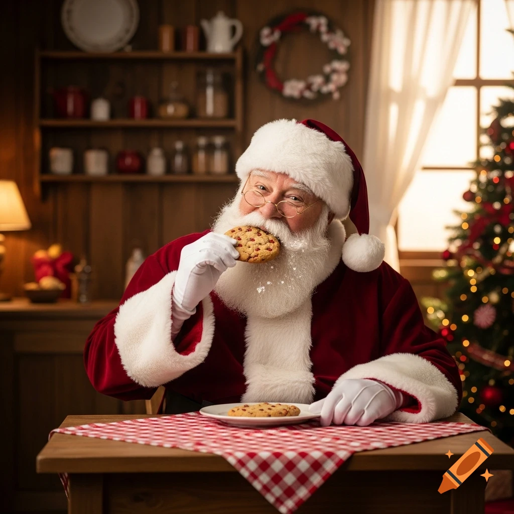 Santa Claus in a festive kitchen, smiling and holding a cookie to his mouth, with another cookie on a plate.