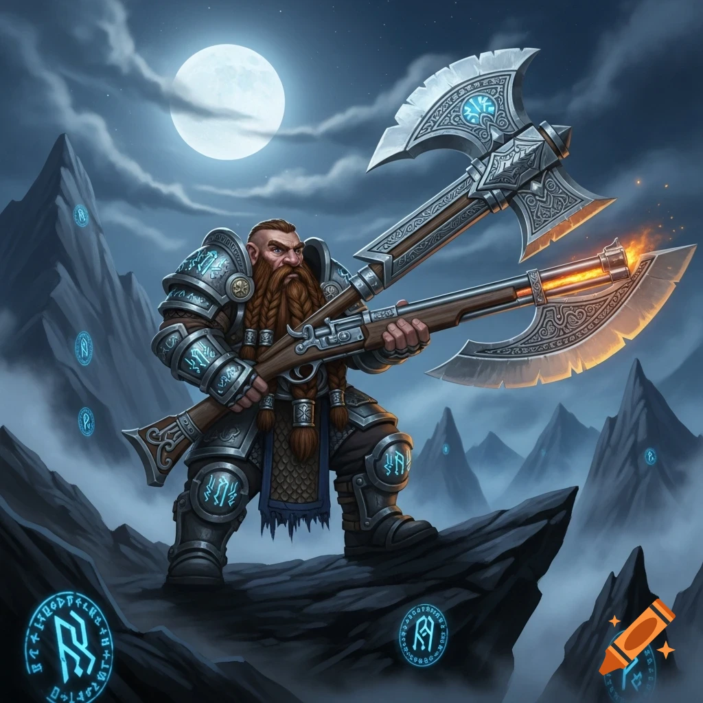 Heavily armored fantasy dwarf warrior with a braided beard, holding a large axe-musket hybrid weapon with a glowing barrel, standing on a rocky outcrop under a full moon, with glowing runes floating in the dark, cloudy sky and on the ground.