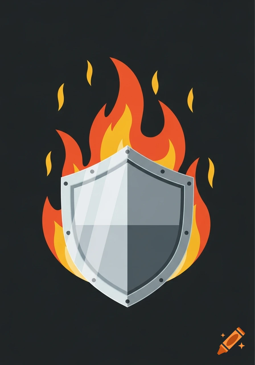 A stylized gray shield with metal rivets is surrounded by bright orange and yellow flames, set against a dark background.