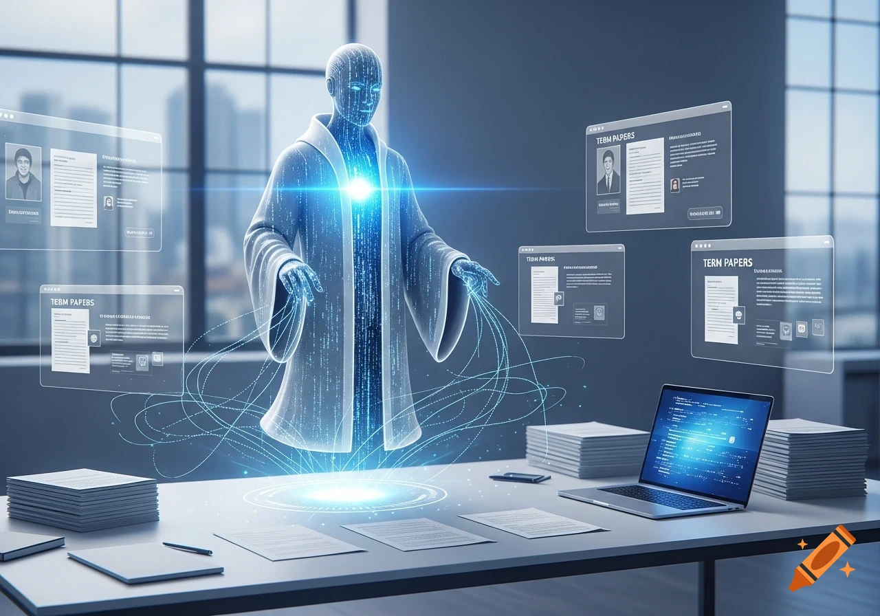 A glowing, transparent digital figure oversees a desk with a laptop and papers, surrounded by floating screens displaying data and 'TERM PAPERS'.