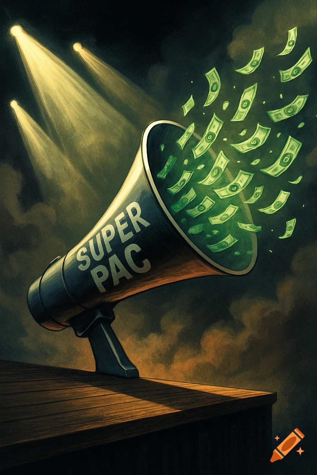A giant megaphone labeled 'SUPER PAC' on a wooden surface, blasting green banknotes under spotlights, in an illustrative style.