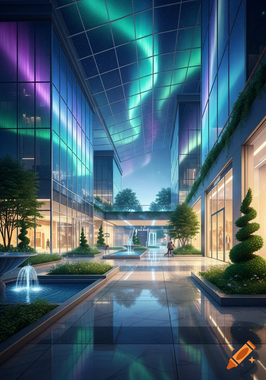 A modern, futuristic shopping mall or plaza with glass facades and a transparent roof displaying the aurora borealis in the night sky. Fountains and greenery line the reflective walkways.