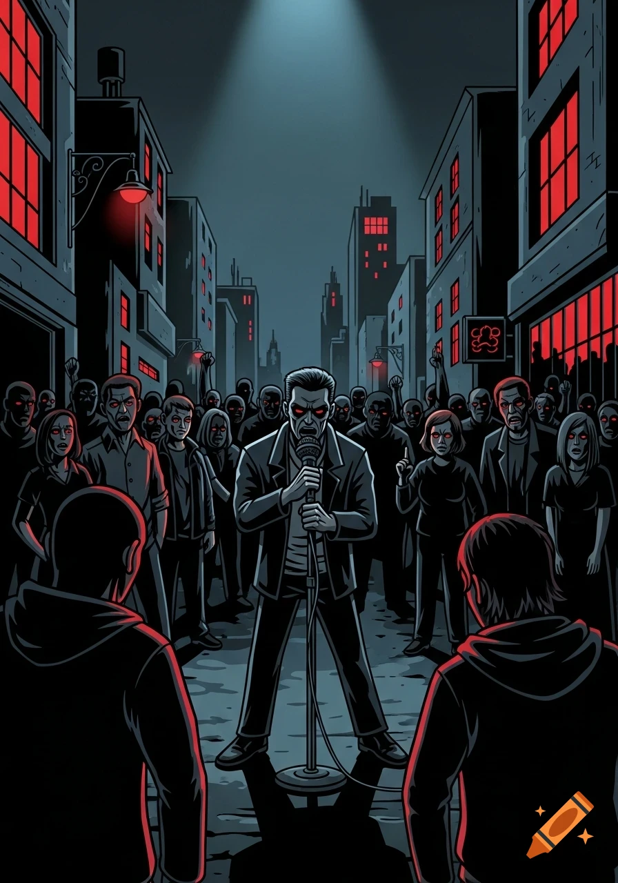A stylized graphic novel illustration of a man speaking into a microphone at night on a city street, illuminated by a spotlight, to a crowd with glowing red eyes. Buildings with red lit windows line the street.