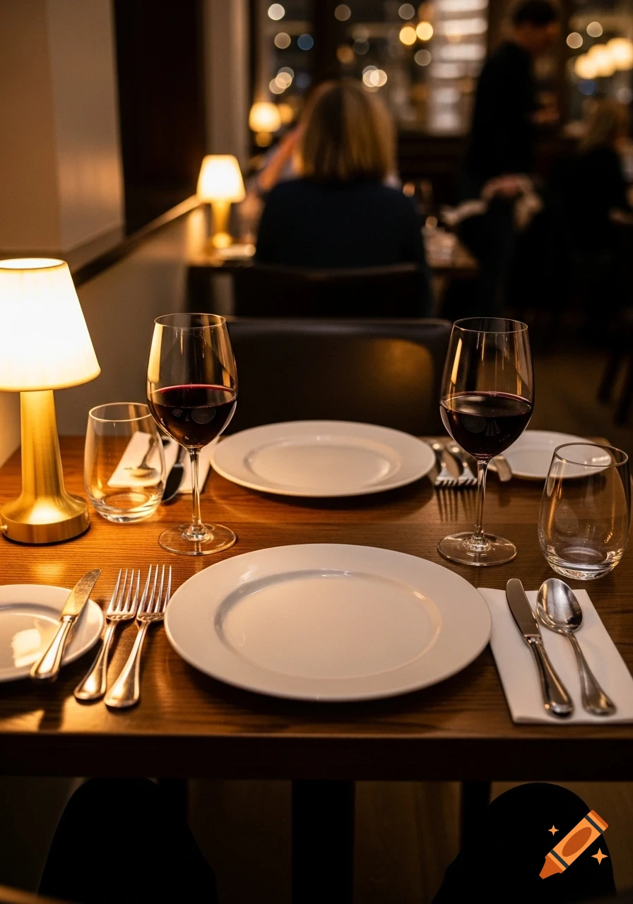 A photorealistic image of a set restaurant table with two plates, two glasses of red wine, cutlery, and a small lamp, with a blurred background of diners.
