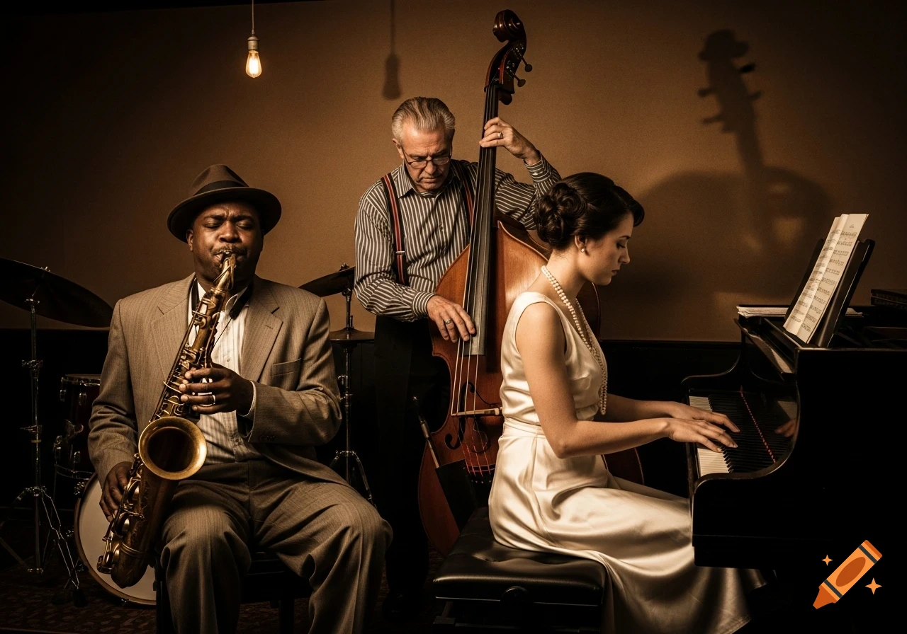 Three jazz musicians in a moody 1950s-style club: a saxophonist, a double bassist, and a pianist, playing their instruments.