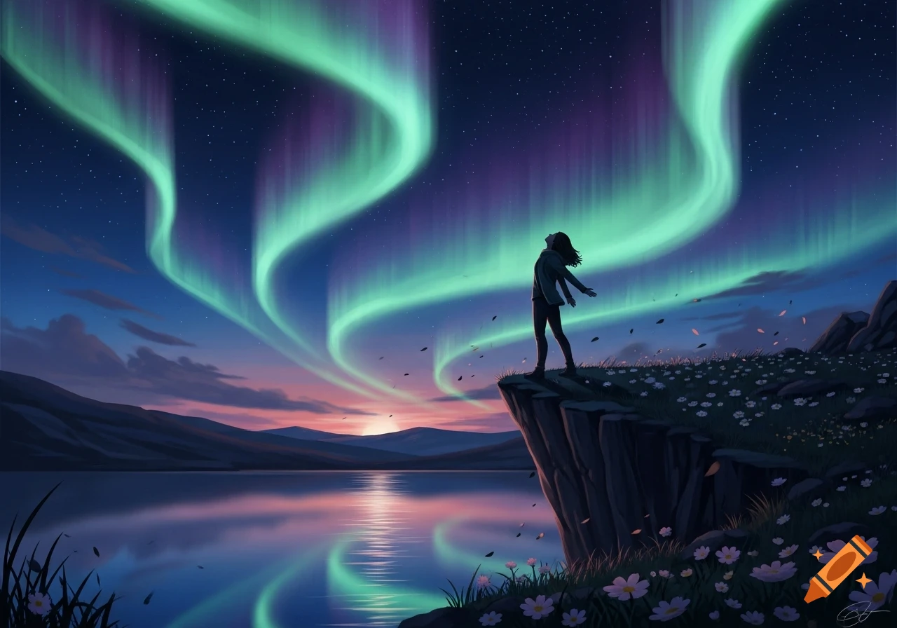 An illustration of a person on a cliff overlooking a lake, gazing at the vibrant green and purple aurora borealis in the night sky with a sunset glow.