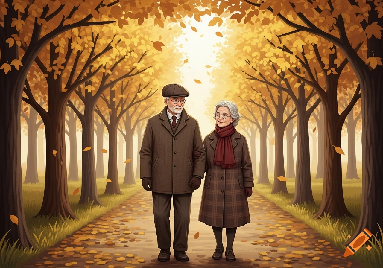 Illustrated elderly couple walking arm-in-arm on an autumn path with golden trees.