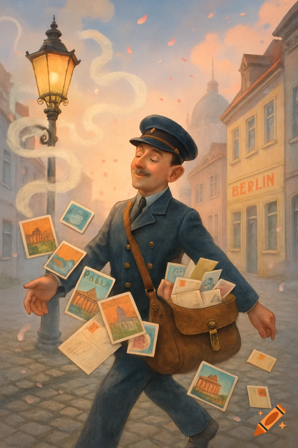 A cheerful postman in uniform walks through a city street, smiling with ...