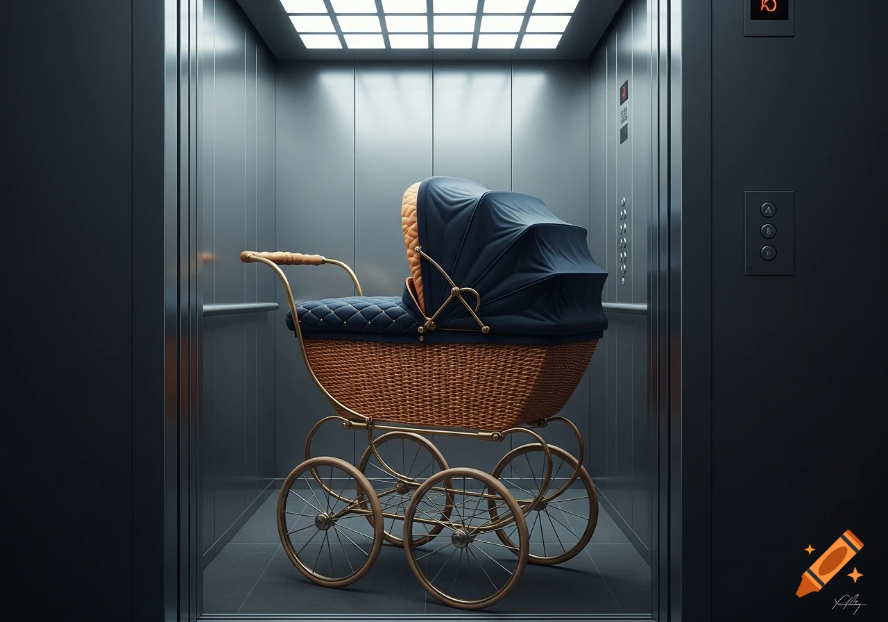 A vintage-style baby carriage with a wicker base and a dark blue canopy sits inside a modern, metallic elevator with square ceiling lights.