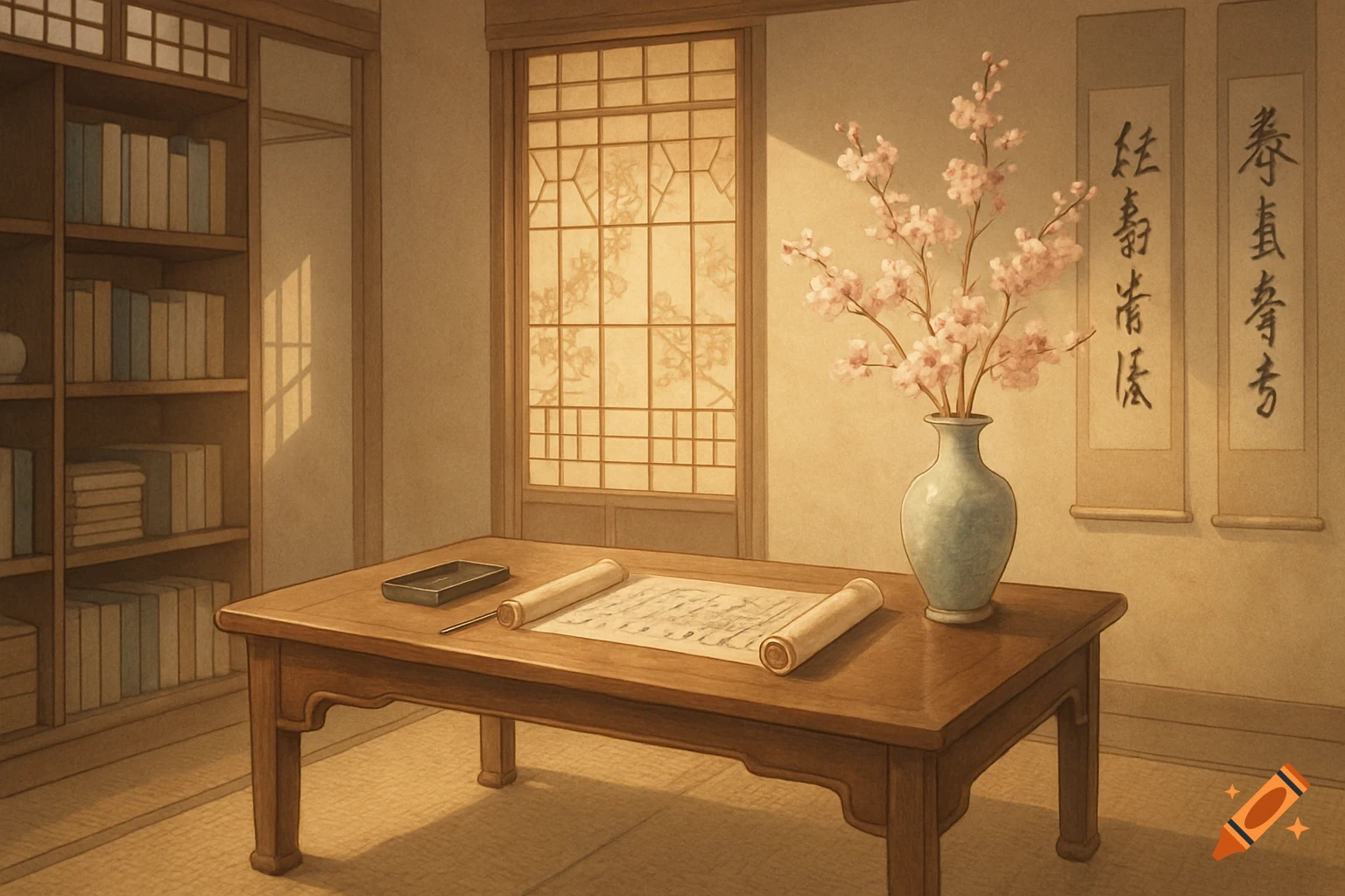 An East Asian study room with a wooden desk, calligraphy scrolls, cherry blossoms in a vase, bookshelves, and a window with a traditional screen.