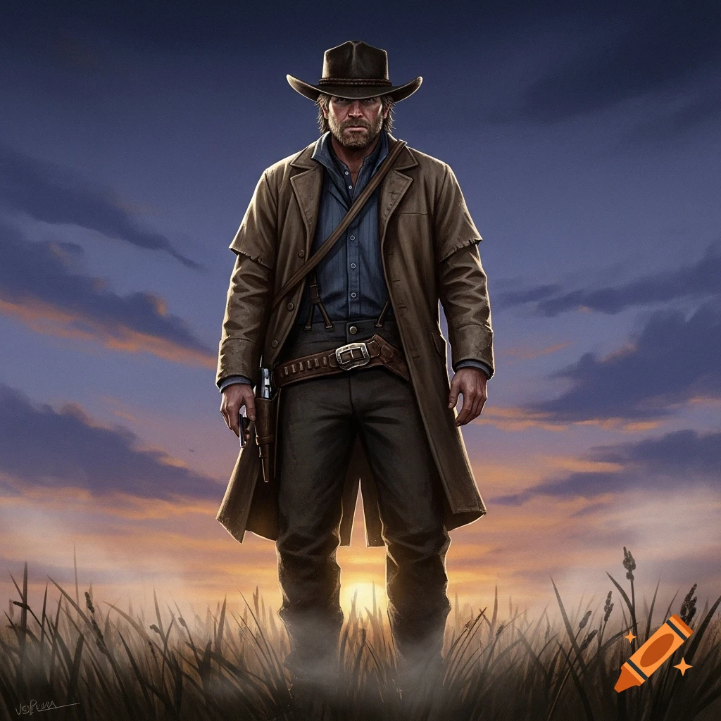 A rugged cowboy in a long brown coat and hat stands in a grassy field against a dramatic sunset sky, digital art.