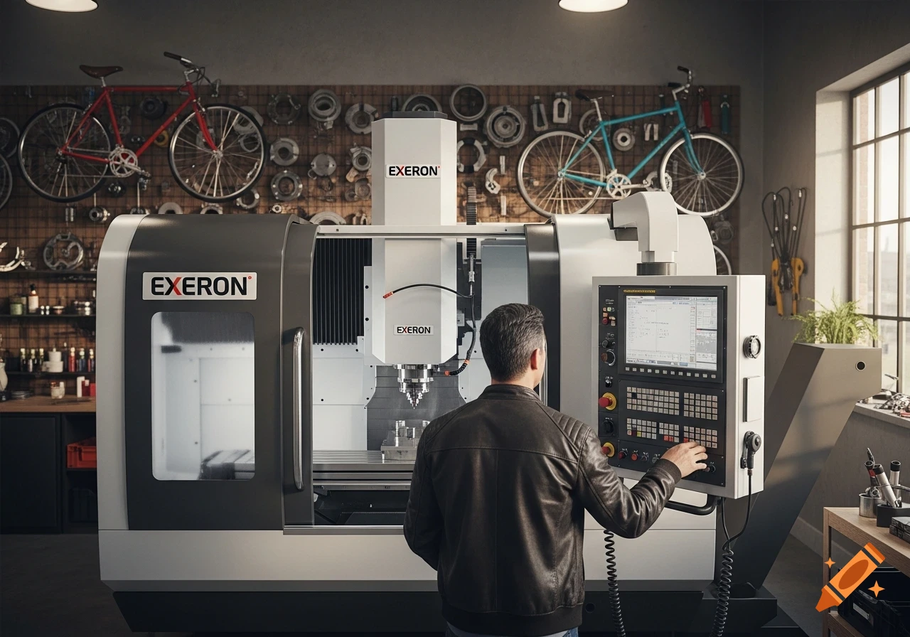A man in a leather jacket operates a large grey CNC milling machine with 'EXERON' branding in a workshop with bicycles hanging on the wall.