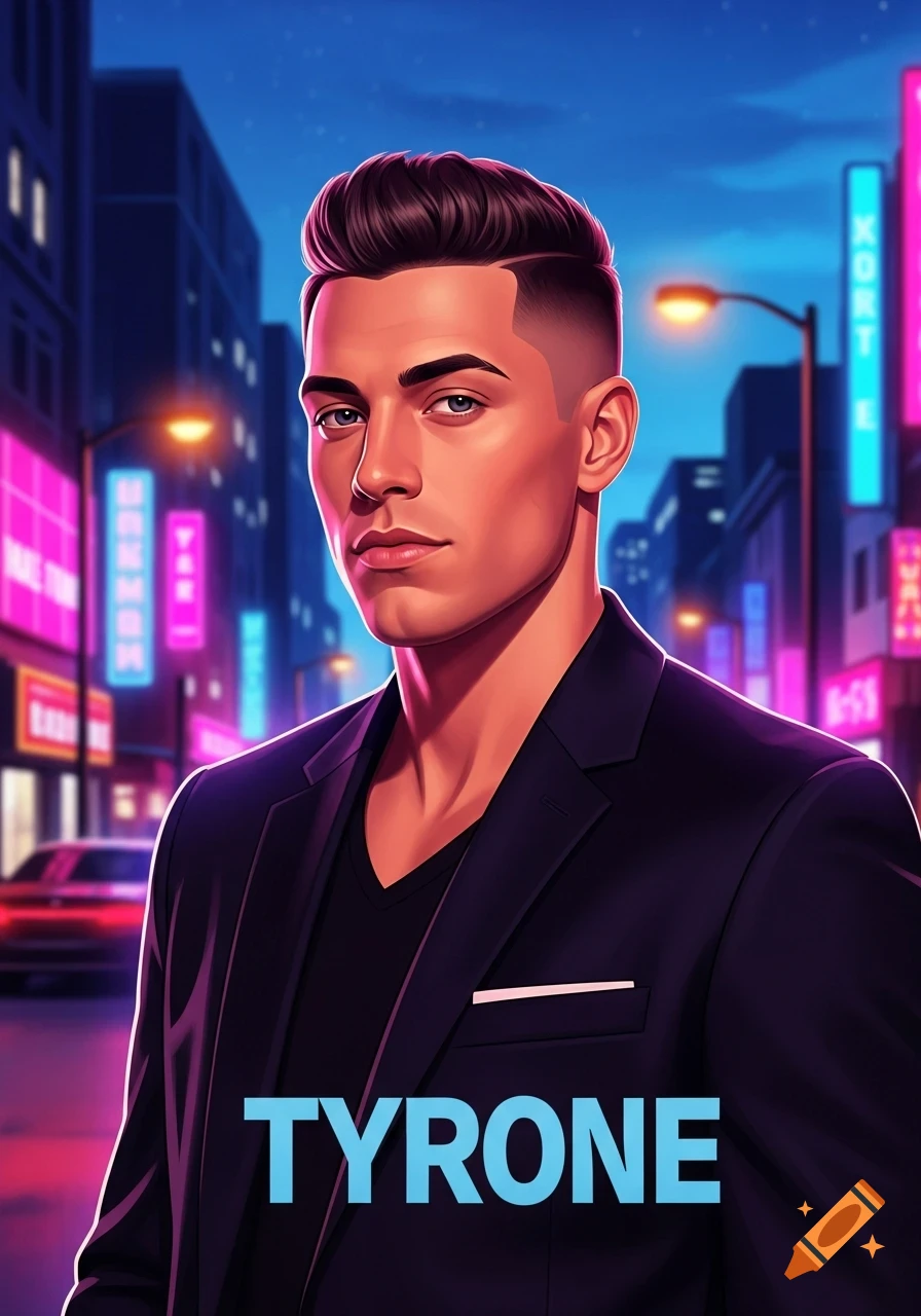 A stylized digital art portrait of a man with a fade haircut and black blazer, standing in a neon-lit city at night, with "TYRONE" in blue text.