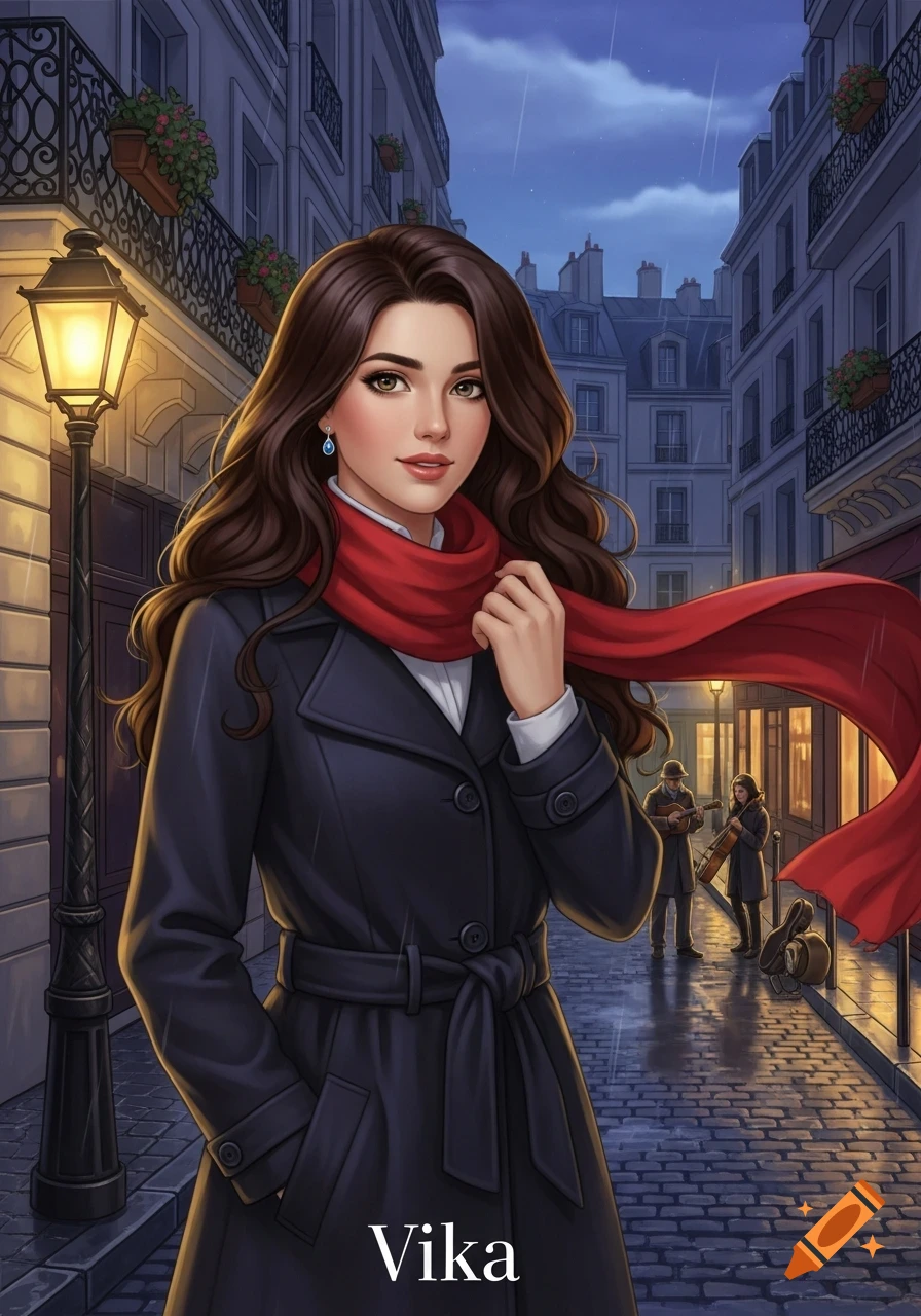 A brown-haired woman in a dark coat and red scarf smiles on a rainy Parisian street at night. The name "Vika" is at the bottom.