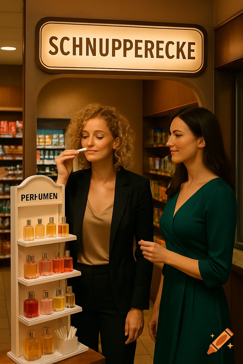 Two women in a store, one with curly hair smelling a perfume sample stick, the other with dark hair watching her. A sign above reads "SCHNUPPERECKE" and a perfume display reads "PERFUMEN".