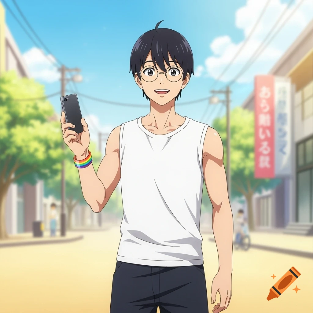 An anime-styled young man with black hair and glasses smiles while holding a smartphone. He wears a white tank top and a rainbow bracelet, standing on a sunny street with blurred buildings and trees in the background.