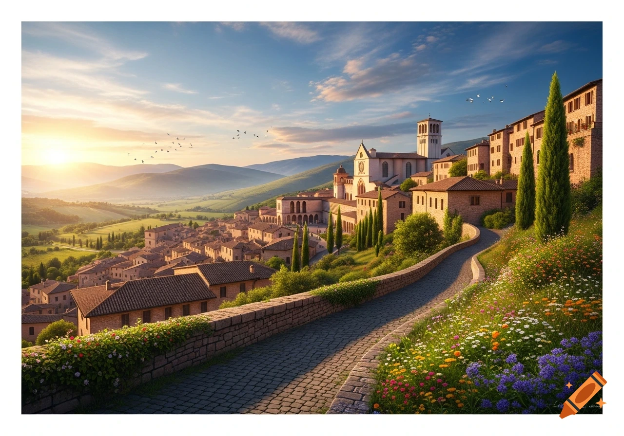 Panoramic view of a picturesque Italian hill town, Assisi, Umbria, at sunrise with a winding cobblestone path and wildflowers.