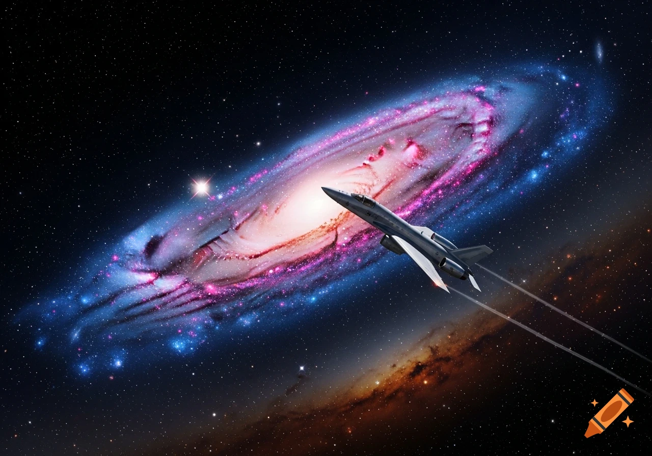 A sleek jet flies past a vibrant pink and blue spiral galaxy in deep space, leaving faint trails.