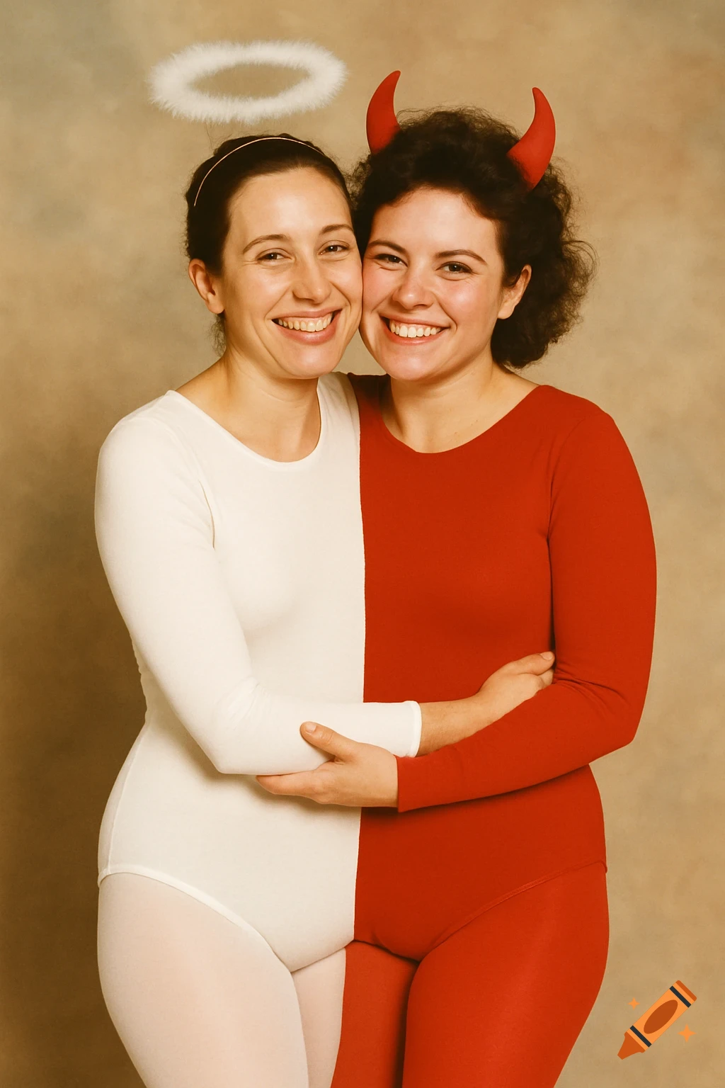 Two smiling women in a merged angel/devil costume, half white with a halo and half red with devil horns.