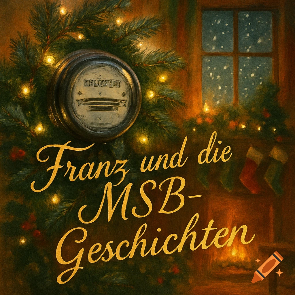 A festive Christmas illustration featuring a wreath, lights, snow outside a window, and stockings. Golden text reads "Franz und die MSB-Geschichten" with a power meter at the top.