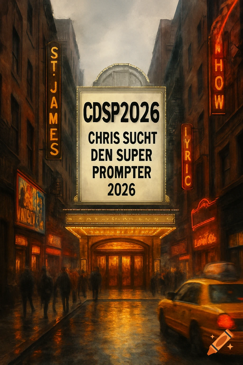 A dark, atmospheric painting of a New York City street at night, with a brightly lit theater billboard displaying 'CDSP2026 Chris sucht den Super Prompter 2026'.