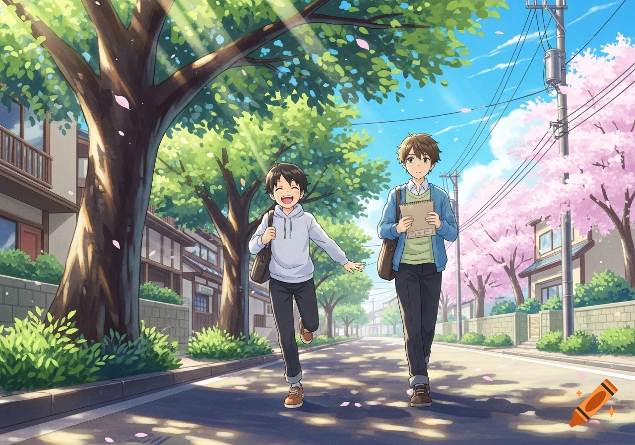 Two anime boys walk on a sunlit street lined with houses, lush trees, and pink cherry blossoms. One boy smiles and skips.