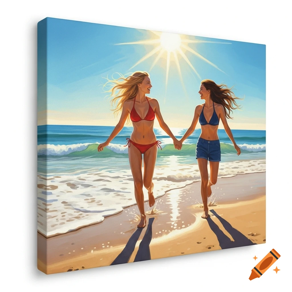 Two smiling women, one in a red bikini and one in a blue bikini top and shorts, run hand-in-hand on a sunny beach with crashing waves.