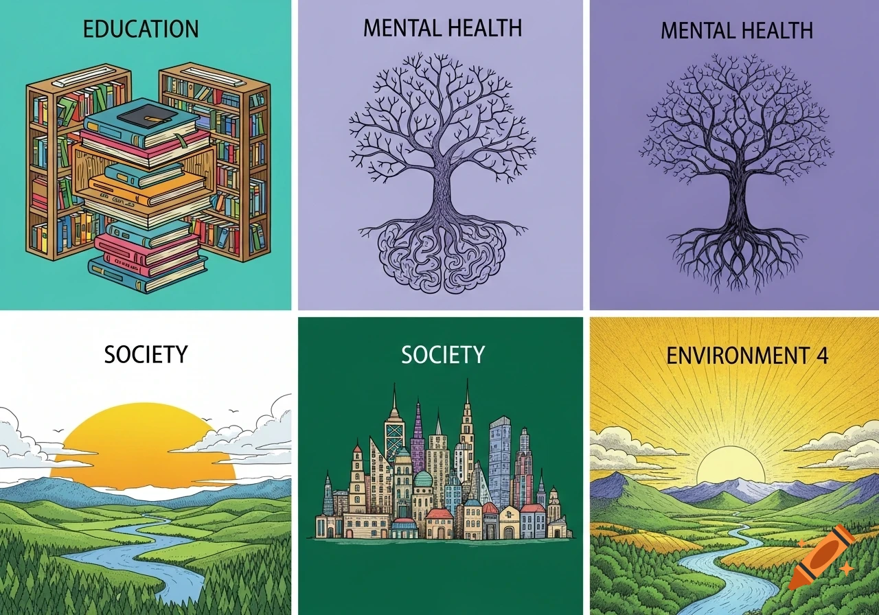 Six colorful illustrative panels. Top left: stack of books with 'EDUCATION'. Top middle: tree with brain roots for 'MENTAL HEALTH'. Top right: tree with roots for 'MENTAL HEALTH'. Bottom left: landscape with sun and river for 'SOCIETY'. Bottom middle: a cityscape for 'SOCIETY'. Bottom right: sunny landscape with river for 'ENVIRONMENT 4'.