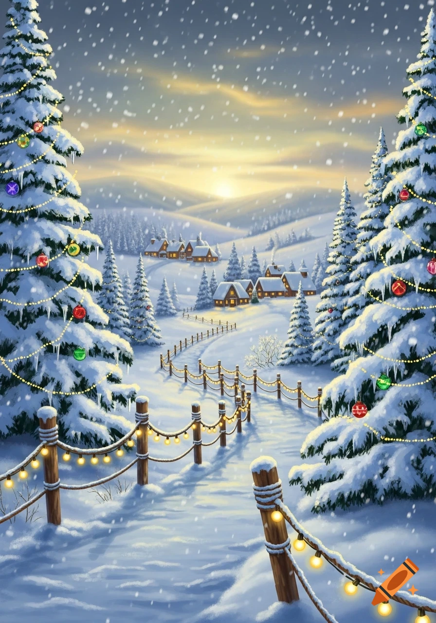 Illustration of a snowy Christmas landscape with decorated pine trees, distant houses, and a lit path at sunset.
