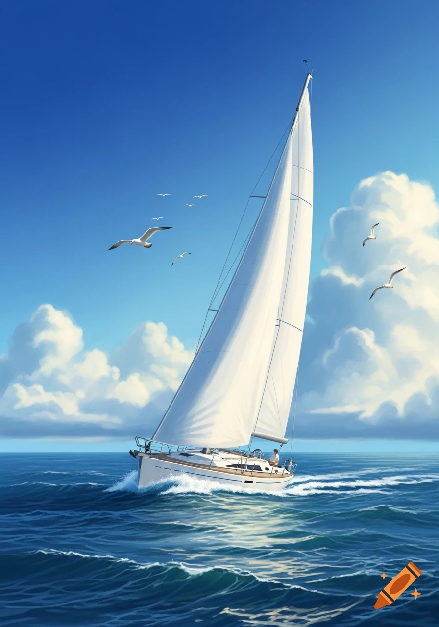 Digital painting of a white sailboat with a single mast cruising on deep blue waves under a bright blue sky with white clouds and flying seagulls.