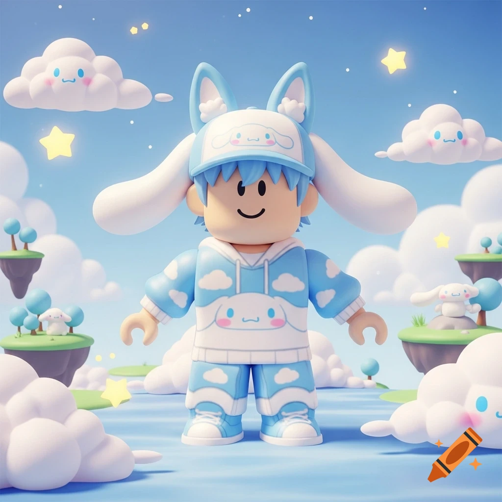 Roblox character in a light blue Cinnamoroll outfit with long ears, standing in a whimsical sky with floating islands and clouds.
