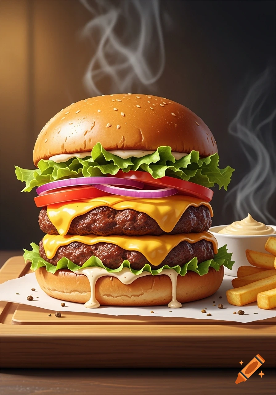 Photorealistic double smash burger with melted cheese, lettuce, onion, and tomato, served with golden fries and sauce.