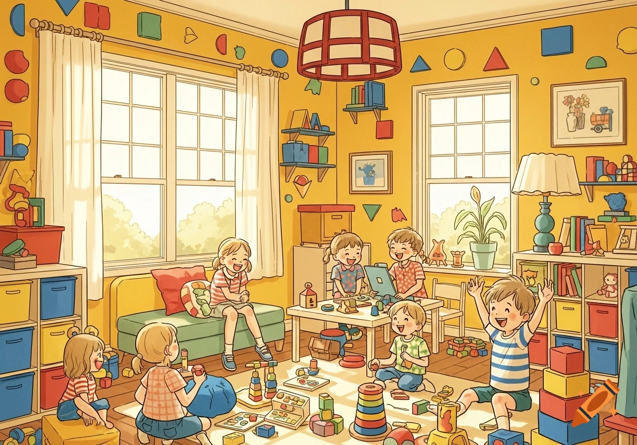 Cheerful illustration of children laughing and playing with building blocks and toys in a colorful playroom.