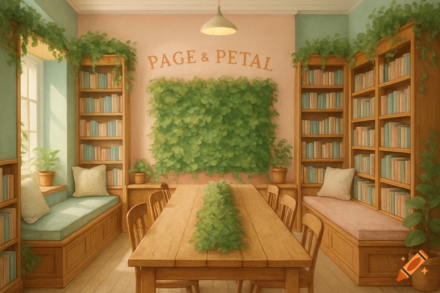 A pastel cottagecore bookstore interior with shelves of books, window seats, a large plant wall, and a long wooden table with greenery.