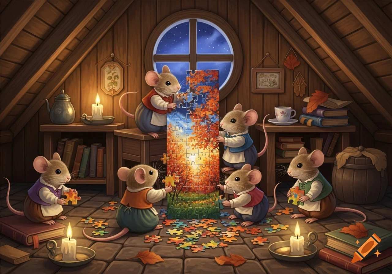 Six whimsical mice in an attic assemble a puzzle depicting an autumn sunset, surrounded by books and candles.