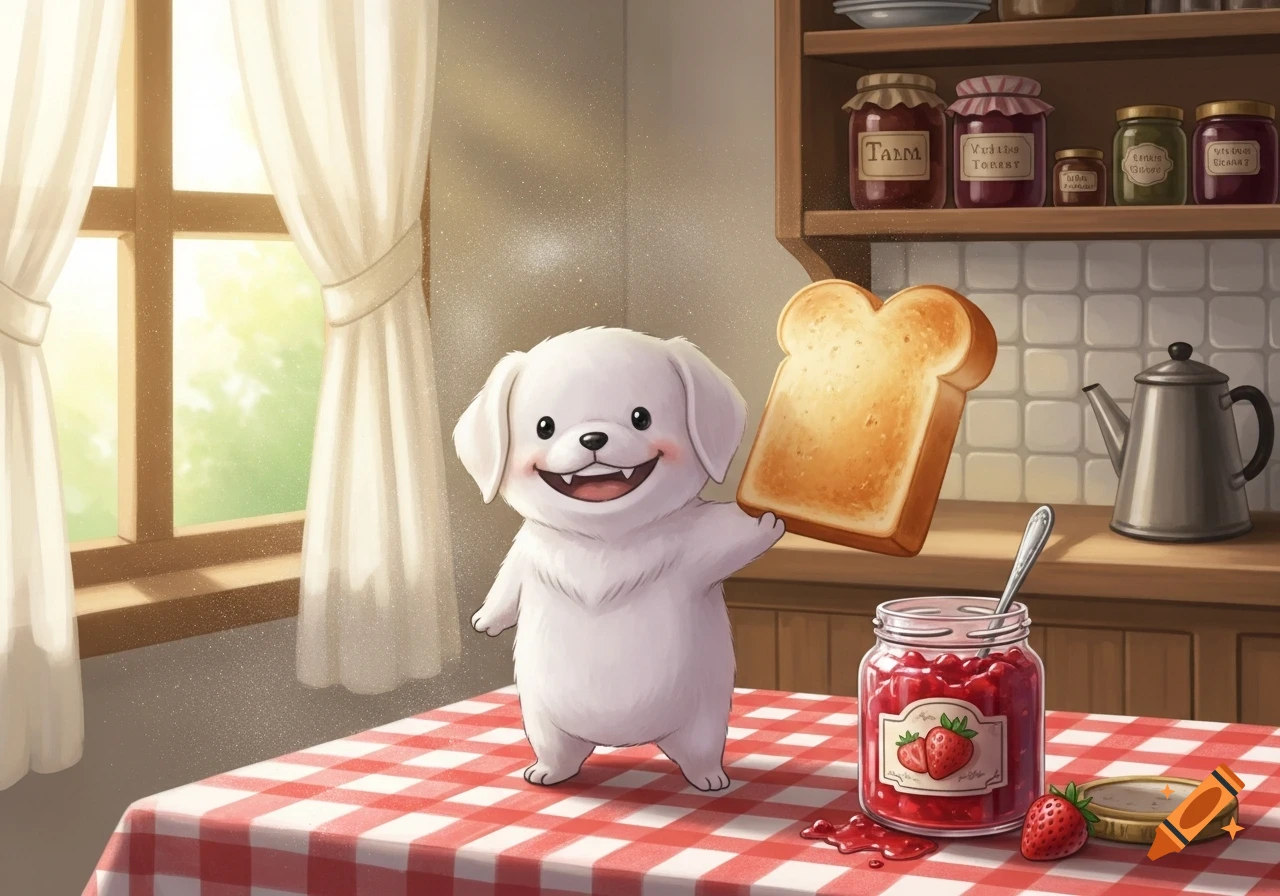A cute white cartoon dog with fangs smiles while holding a piece of toast in a sunny kitchen, standing on a red checkered tablecloth next to a spilled jar of strawberry jam.