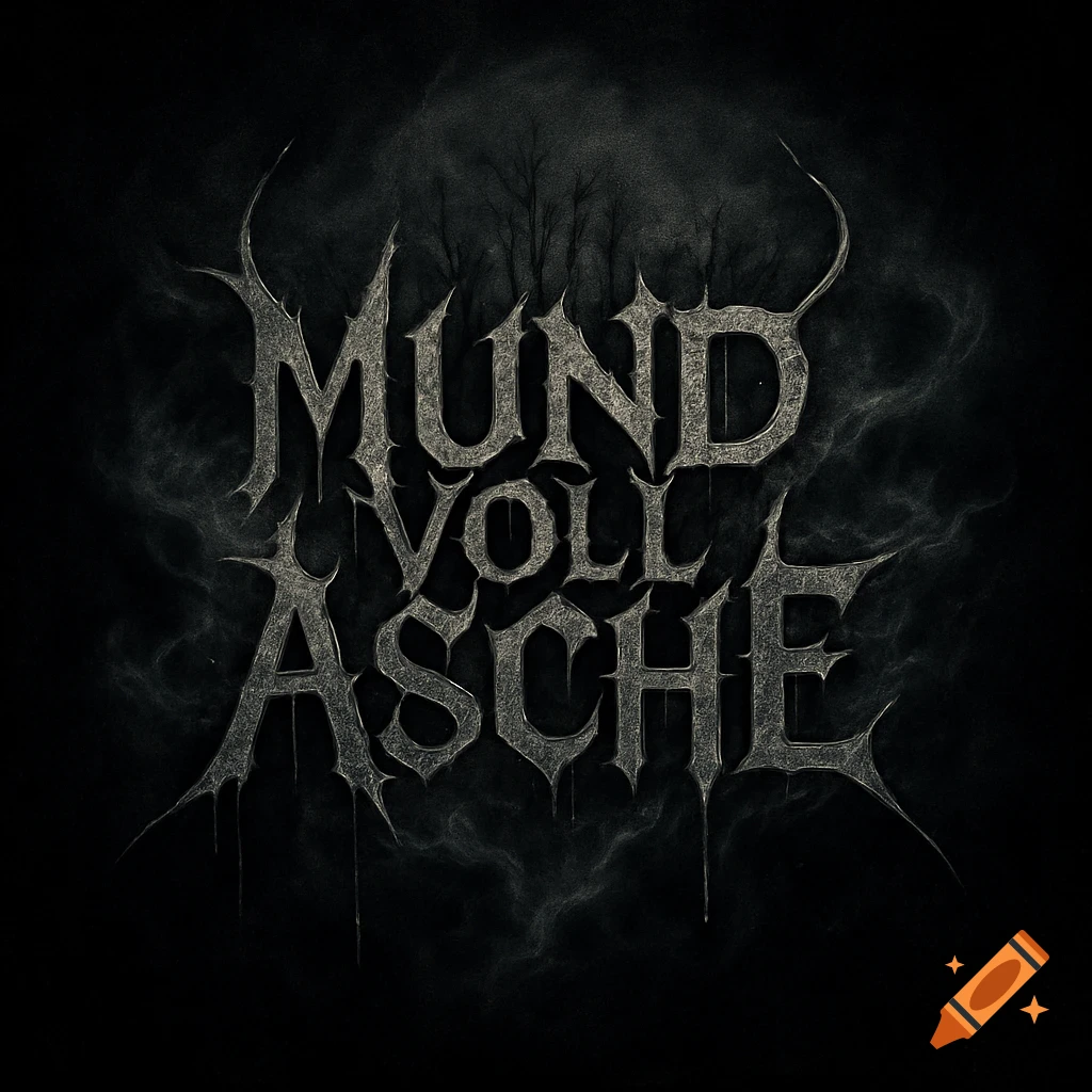 Dark, gothic-style logo for a black metal band, featuring the text "MUND VOLL ASCHE" with sharp, textured letters and a subtle forest silhouette in the background.