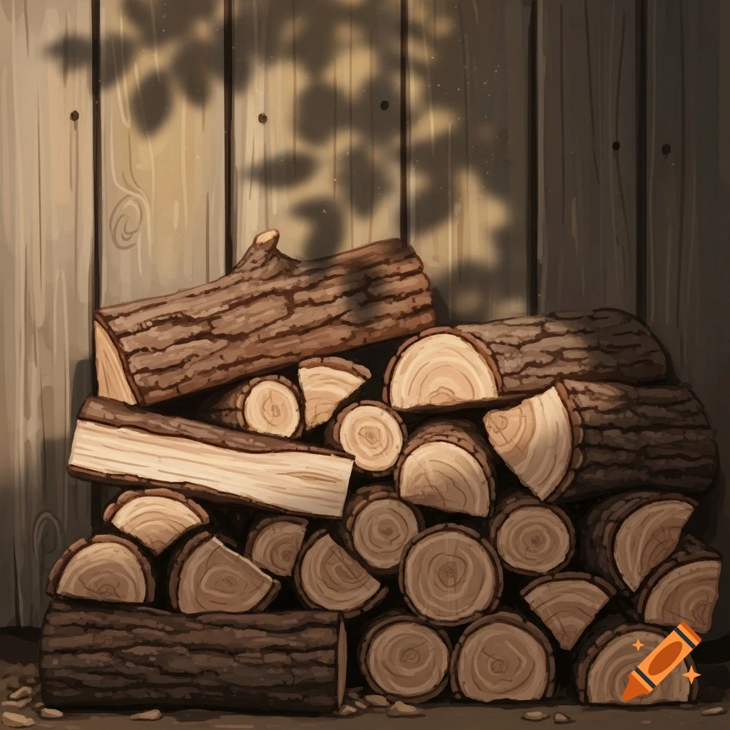 A stylized illustration of a neat stack of firewood against a wooden fence with dappled sunlight.