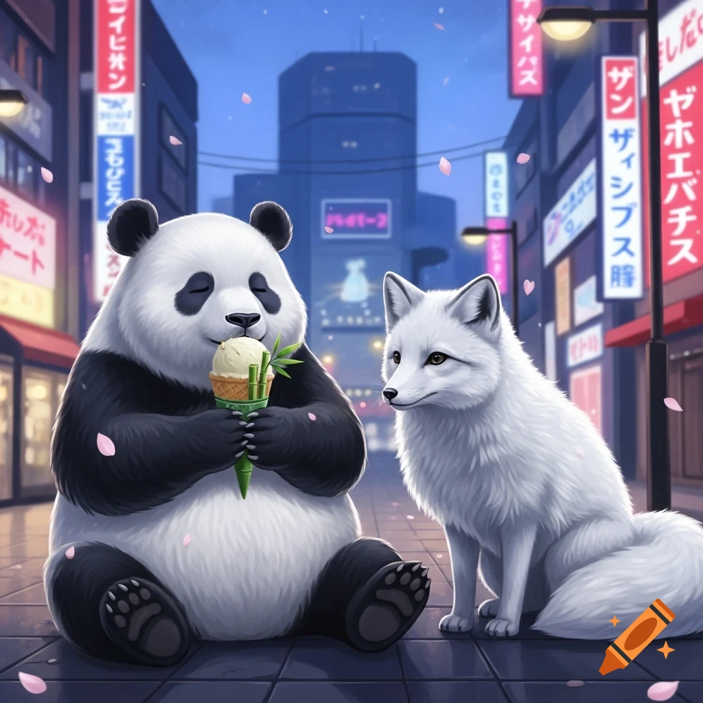 A cute panda eating bamboo-flavored ice cream, sitting next to a white snow fox on a street in a neon-lit Tokyo cityscape.