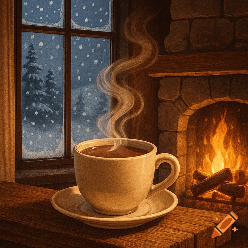 Steaming hot cocoa on a wooden table by a cozy fireplace, with a snowy winter window view.