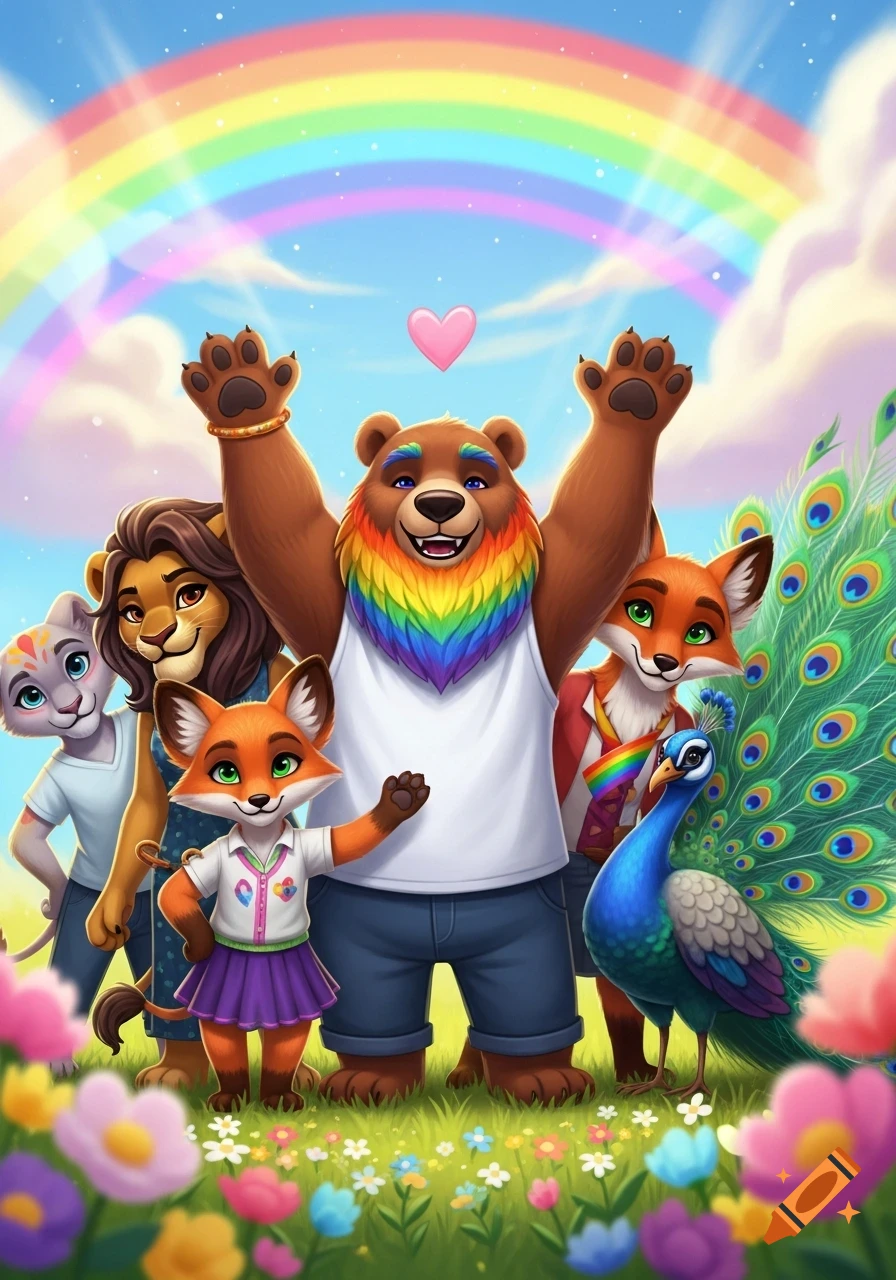 A vibrant cartoon of happy anthropomorphic animals and a peacock in a flower field under a rainbow, celebrating pride.