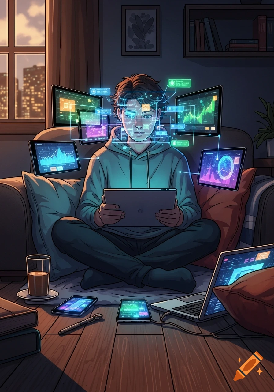 Stylized digital art of a young person sitting cross-legged, surrounded by glowing screens and holographic data visualizations in a dimly lit room.