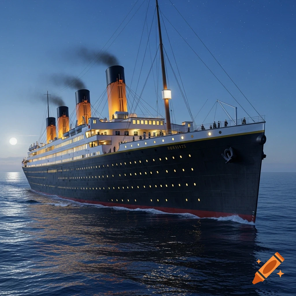 A large ship, resembling the Titanic, cruises through moonlit waters at night under a star-filled sky.