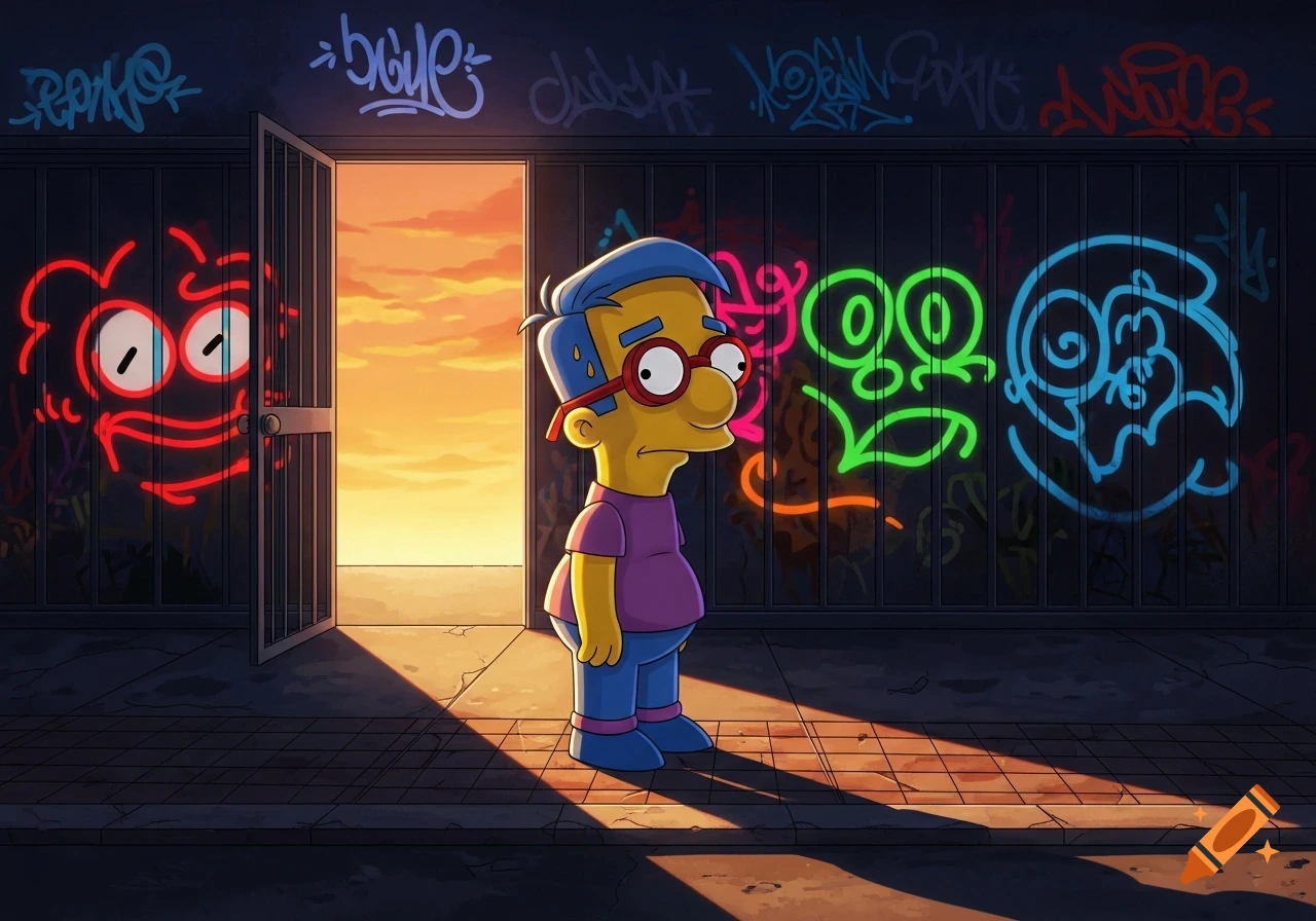 A cartoon illustration of Milhouse from The Simpsons standing on a street at sunset, looking forlorn. The dark wall behind him is covered in colorful graffiti, some of which glows.