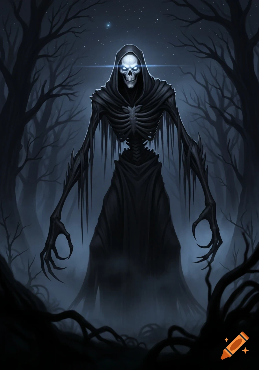 A menacing skeletal figure in a black cloak with glowing blue eyes stands in a dark, misty forest at night.