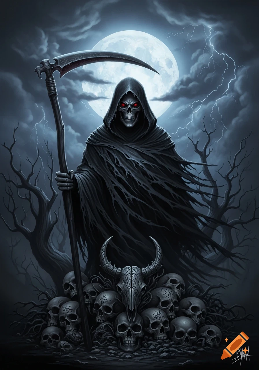 A hooded Grim Reaper with red eyes stands under a full moon, holding a scythe, on a pile of skulls with a horned skull, in a dark, stormy forest.
