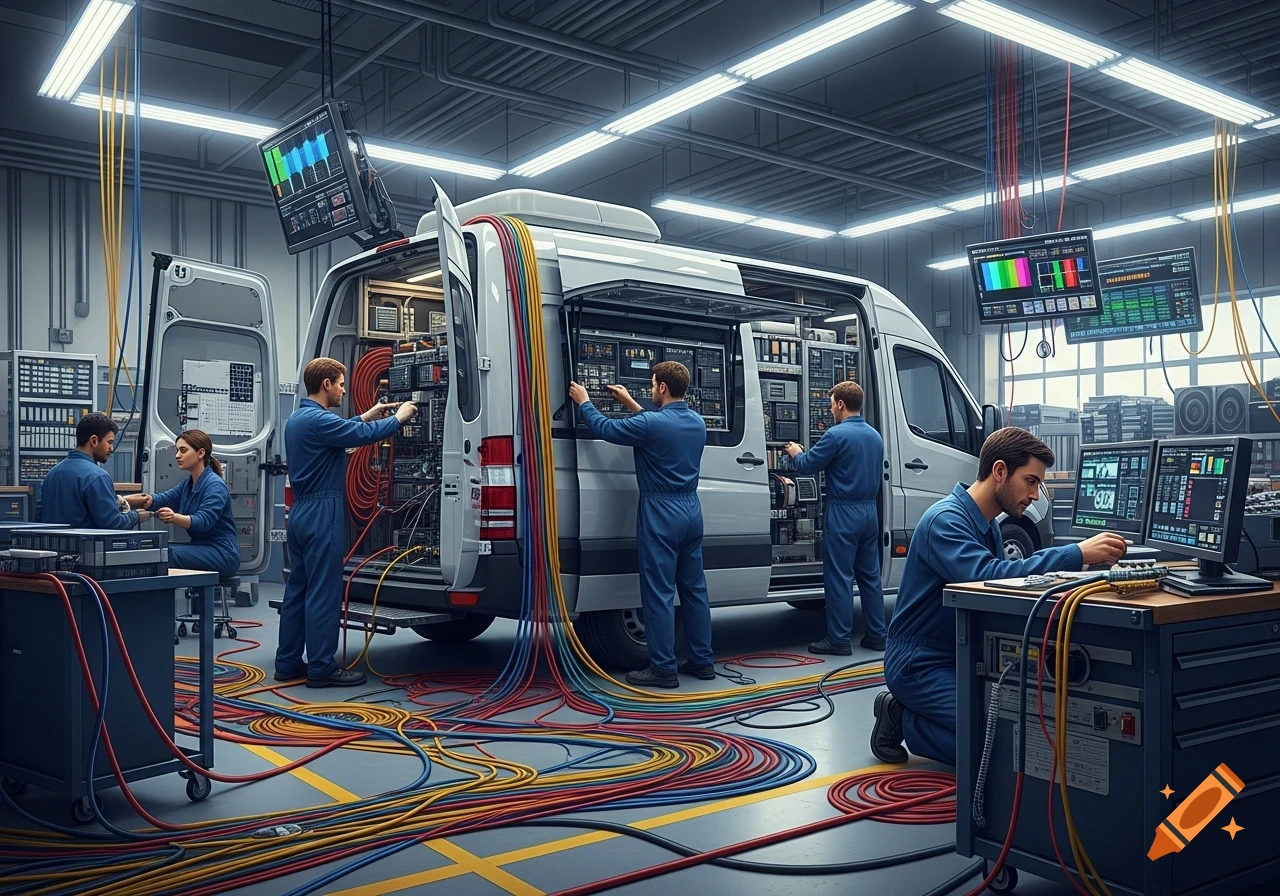 Technicians repair a broadcast van in a workshop, surrounded by colorful cables and glowing monitors, a man works at a computer.
